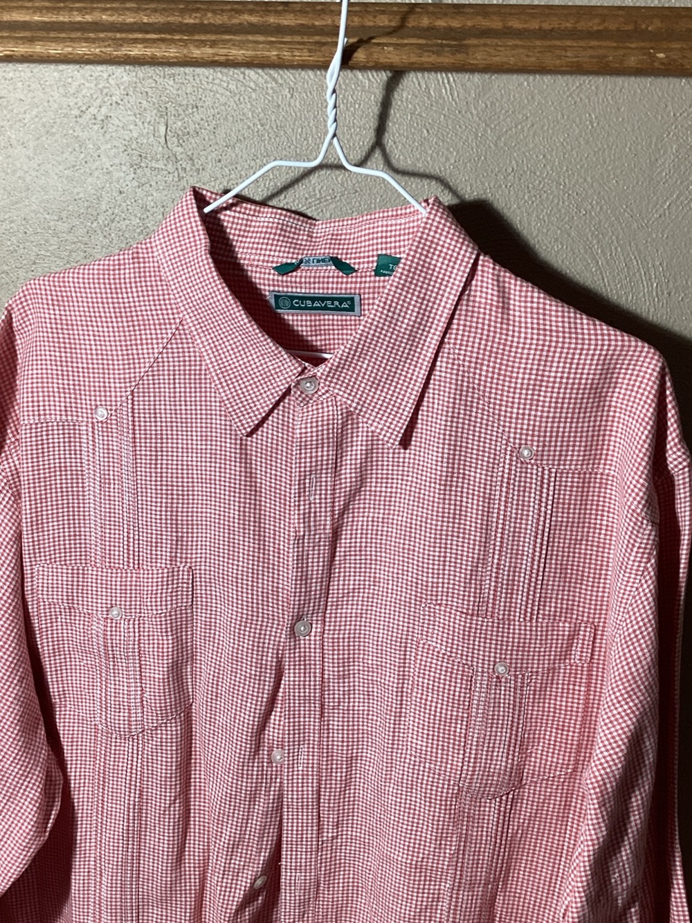 Cubavera Red and White Micro-Check Long Sleeve Button-Down Shirt